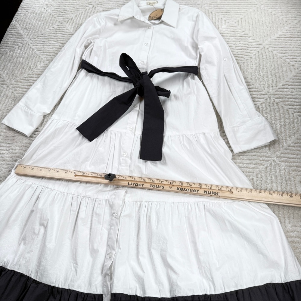 Tea & Cup Tiered Colorblock Shirt Dress Women's L White Black Modest Boho Chic